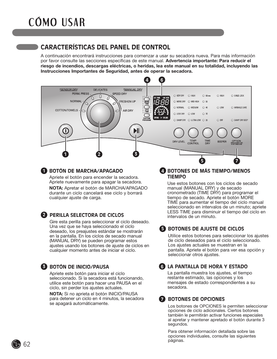 Características del panel de control | LG DLE2101W User Manual | Page 62 / 112