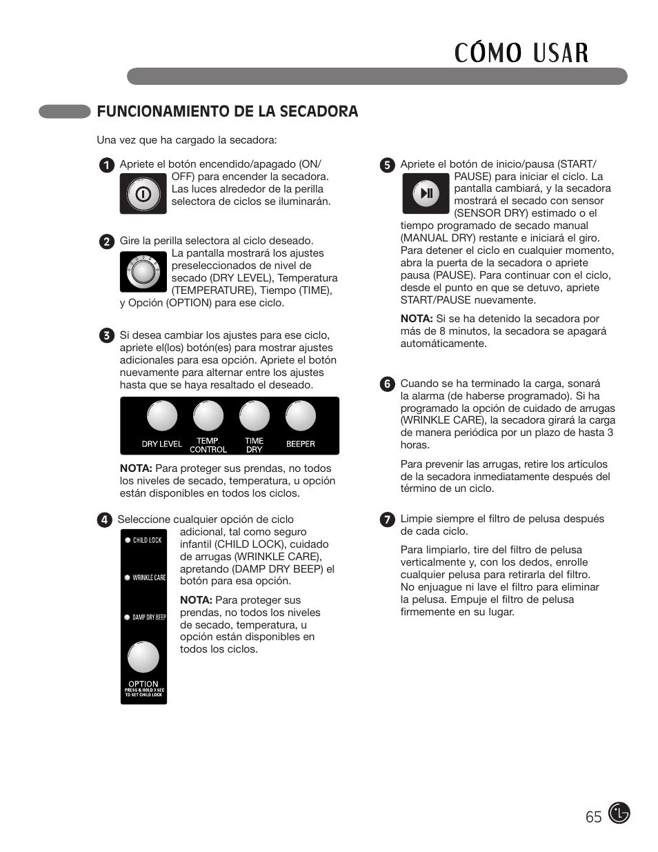 Funcionamiento de la secadora | LG DLE2101W User Manual | Page 65 / 112