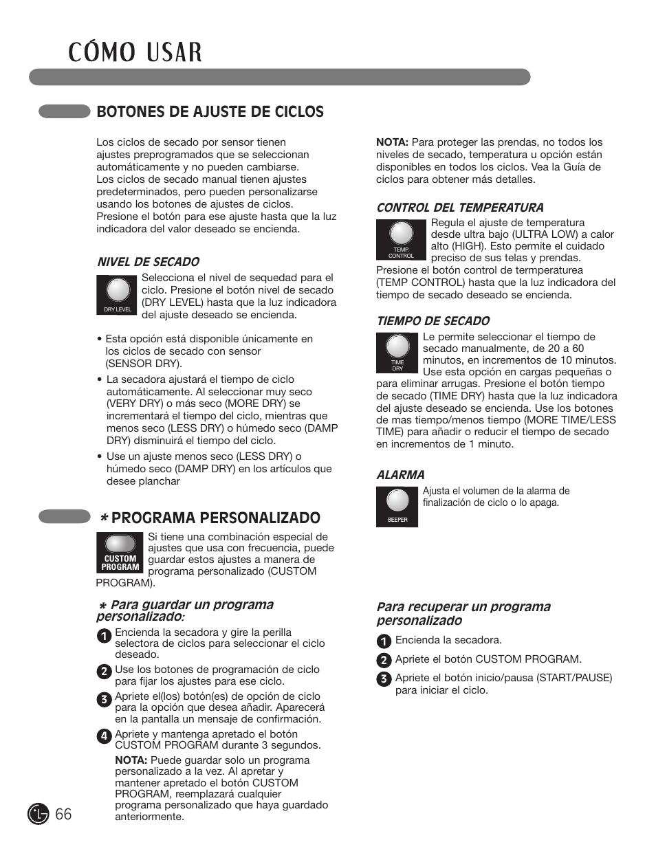 Botones de ajuste de ciclos, Programa personalizado | LG DLE2101W User Manual | Page 66 / 112