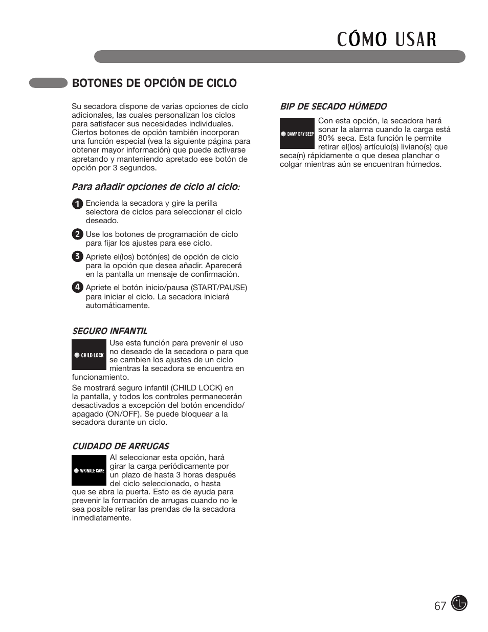 Botones de opción de ciclo | LG DLE2101W User Manual | Page 67 / 112