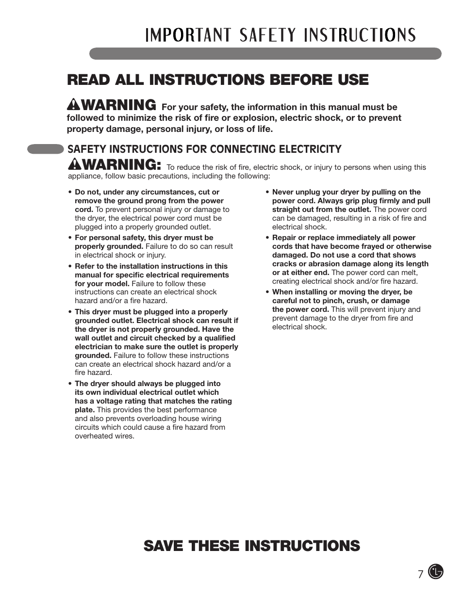 Save these instructions, Wwarning, Read all instructions before use w warning | 7safety instructions for connecting electricity | LG DLE2101W User Manual | Page 7 / 112