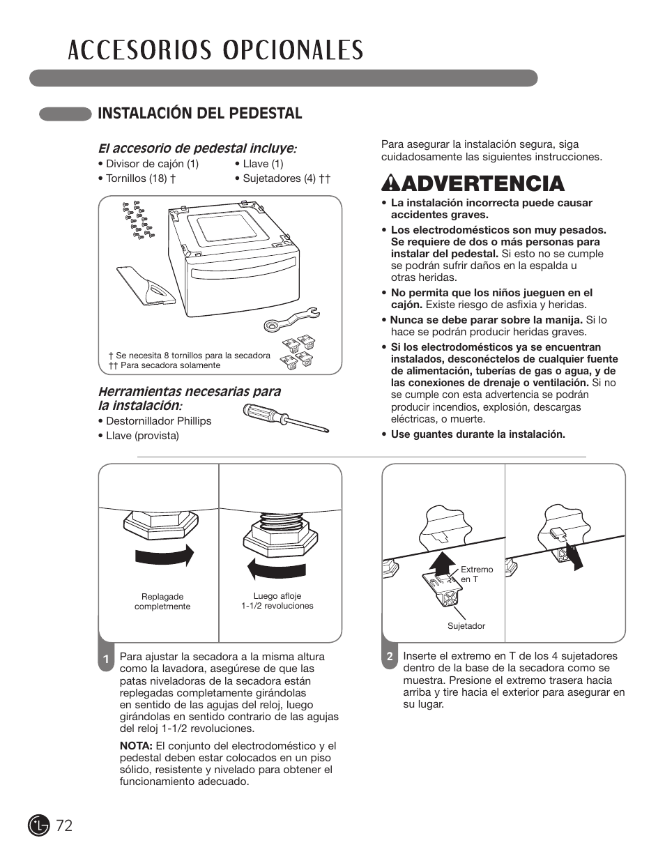 Wadvertencia, Instalación del pedestal | LG DLE2101W User Manual | Page 72 / 112