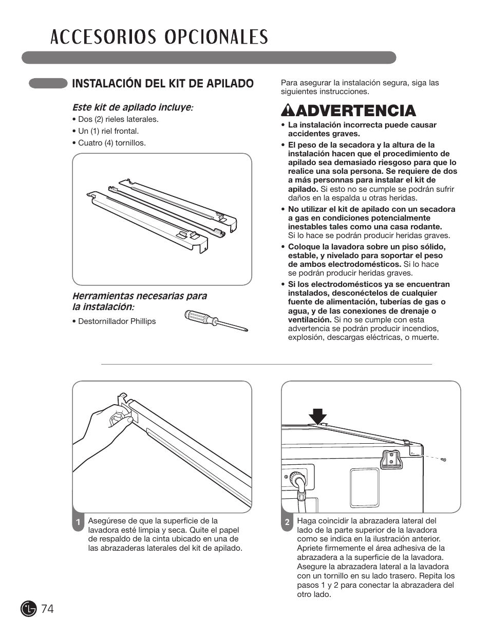 Wadvertencia, Instalación del kit de apilado | LG DLE2101W User Manual | Page 74 / 112
