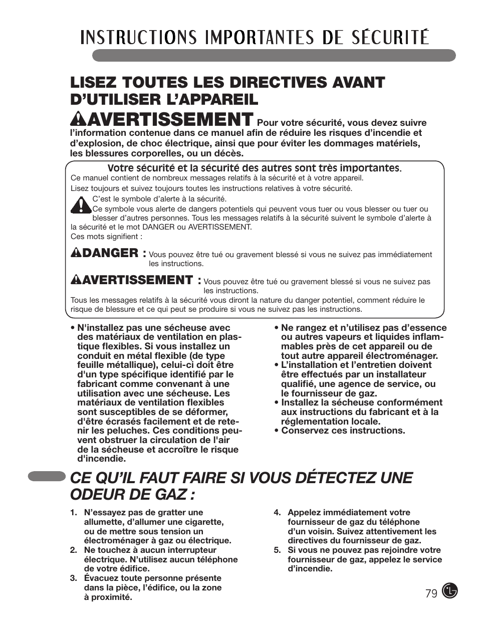 Wavertissement, Wdanger | LG DLE2101W User Manual | Page 79 / 112