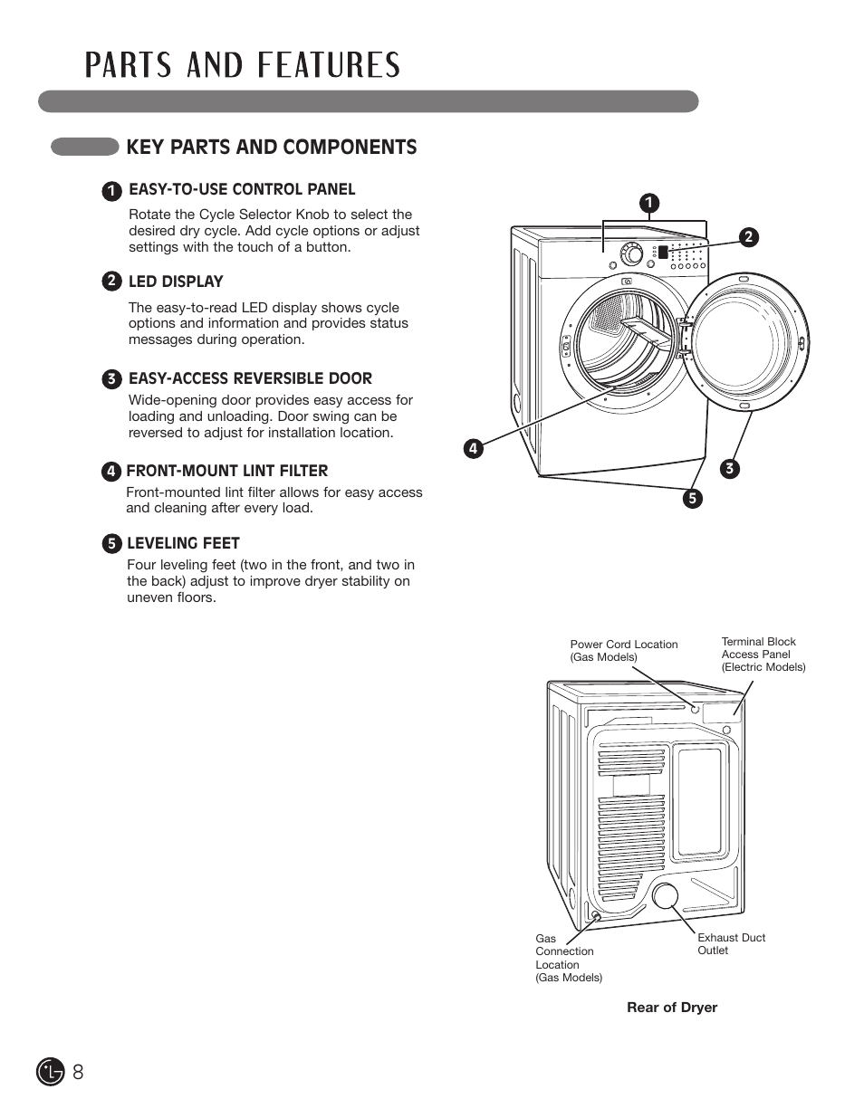 Key parts and components | LG DLE2101W User Manual | Page 8 / 112