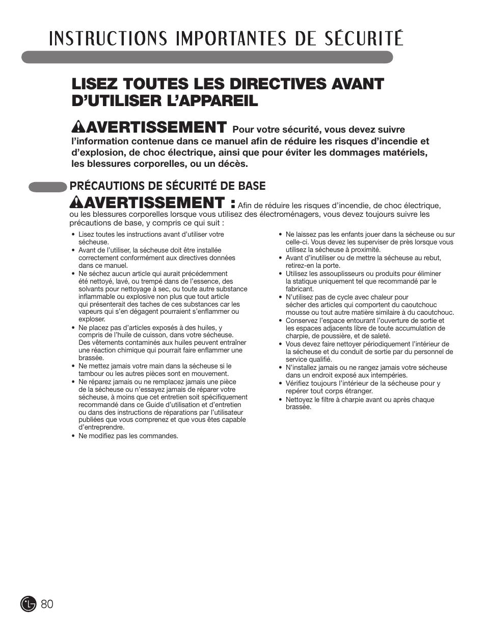 Wavertissement, Précautions de sécurité de base | LG DLE2101W User Manual | Page 80 / 112