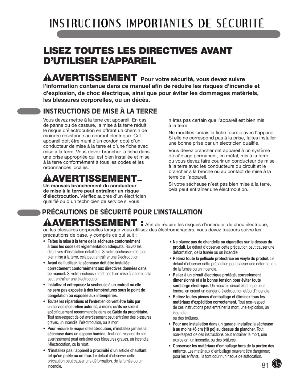 Wavertissement | LG DLE2101W User Manual | Page 81 / 112