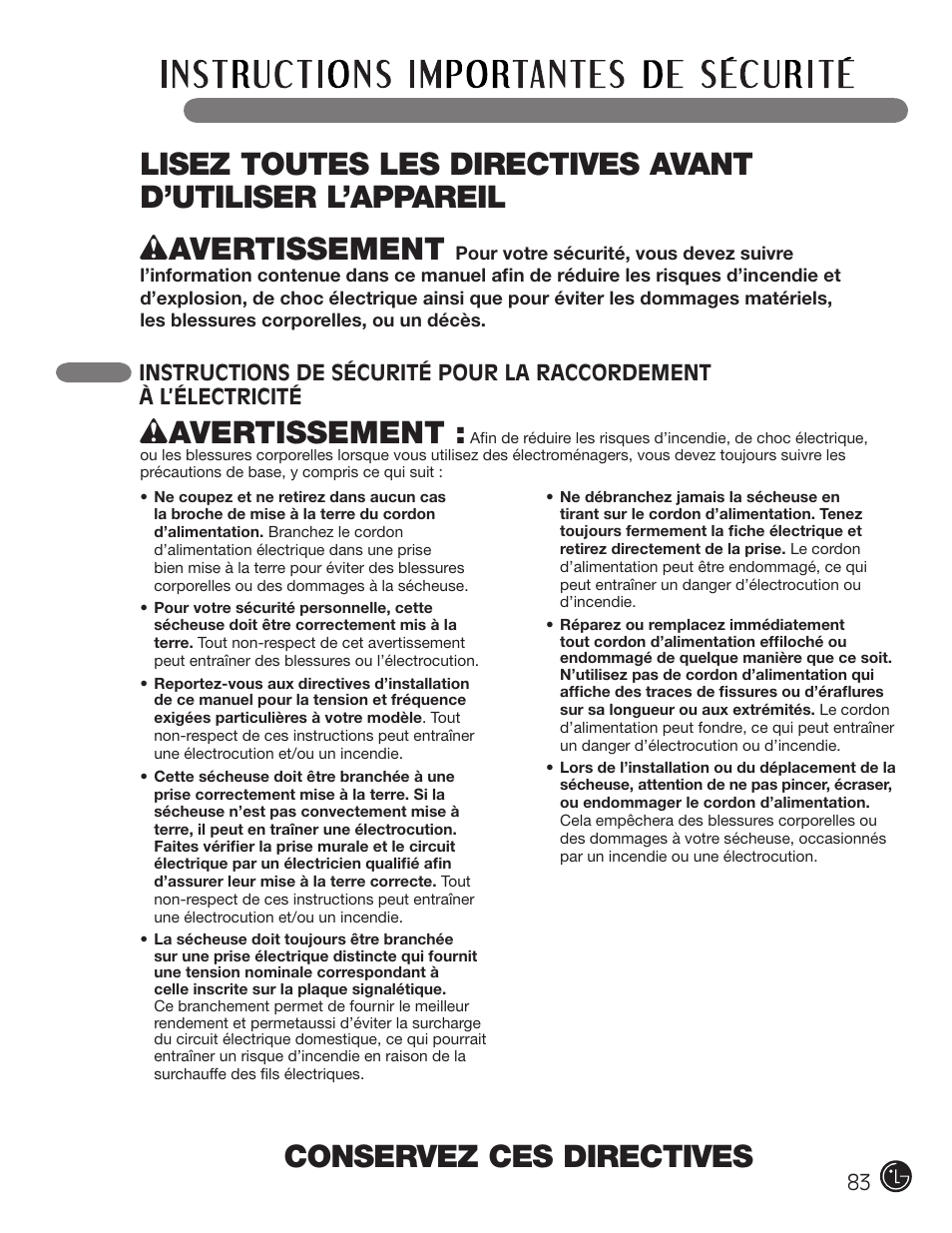 Conservez ces directives, Wavertissement | LG DLE2101W User Manual | Page 83 / 112