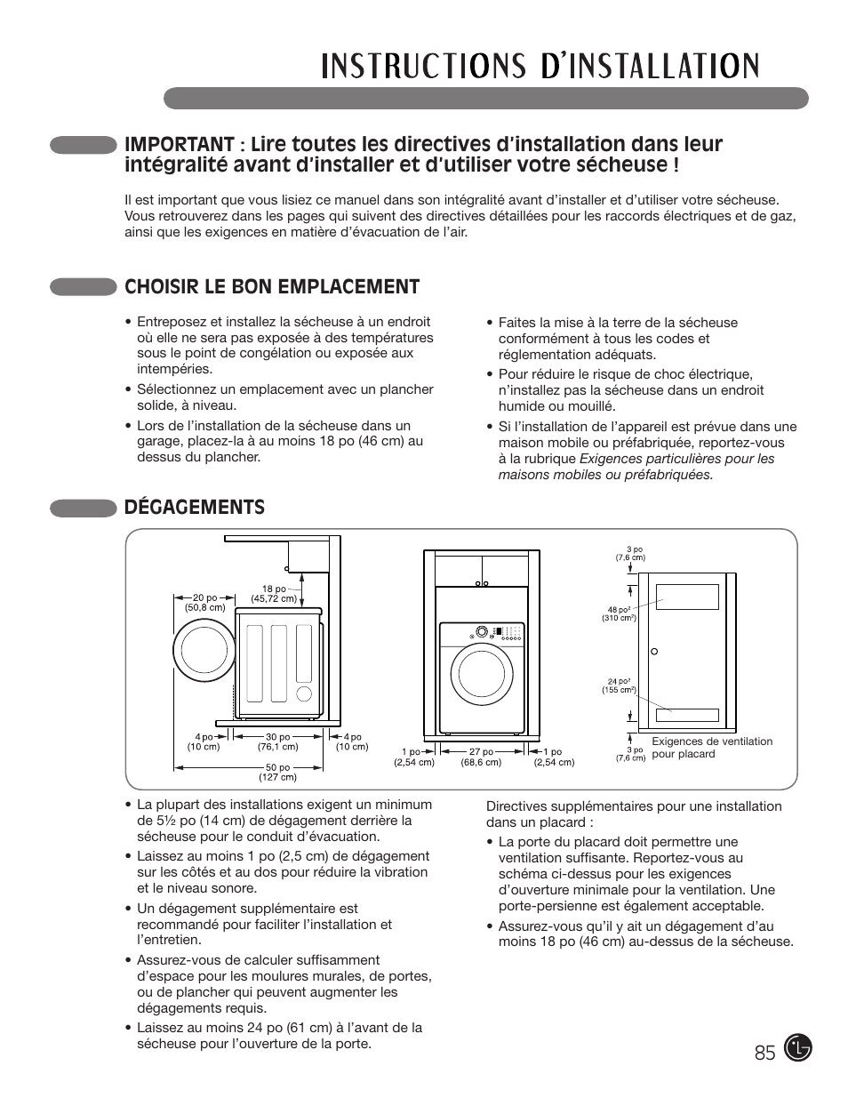 Choisir le bon emplacement, Dégagements | LG DLE2101W User Manual | Page 85 / 112