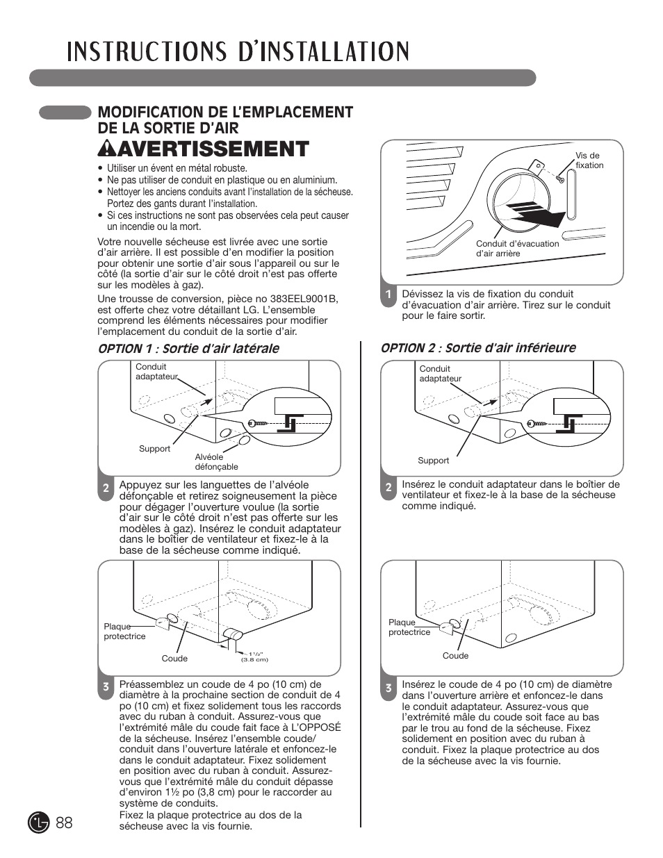 Wavertissement, Modification de l’emplacement de la sortie d’air | LG DLE2101W User Manual | Page 88 / 112