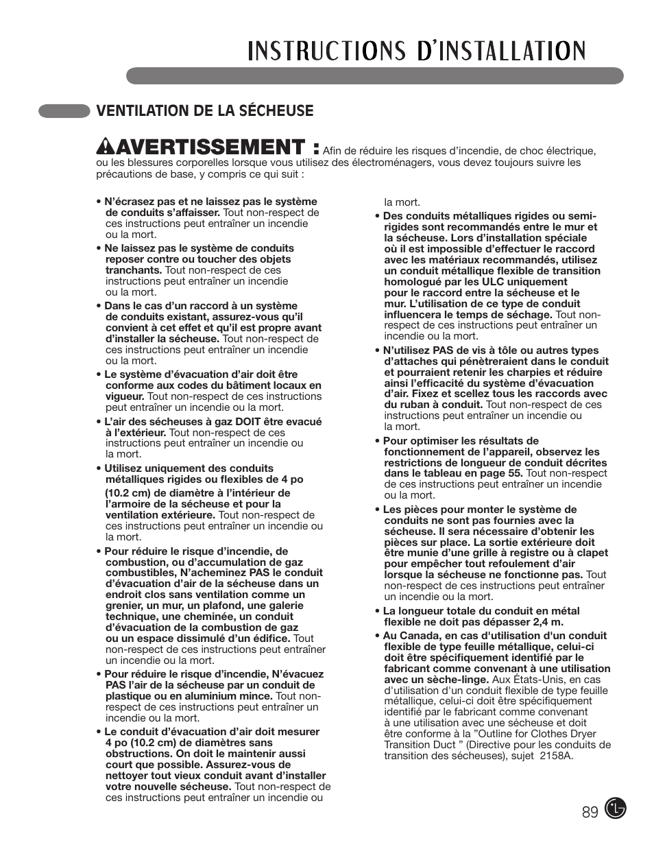 Wavertissement, Ventilation de la sécheuse | LG DLE2101W User Manual | Page 89 / 112