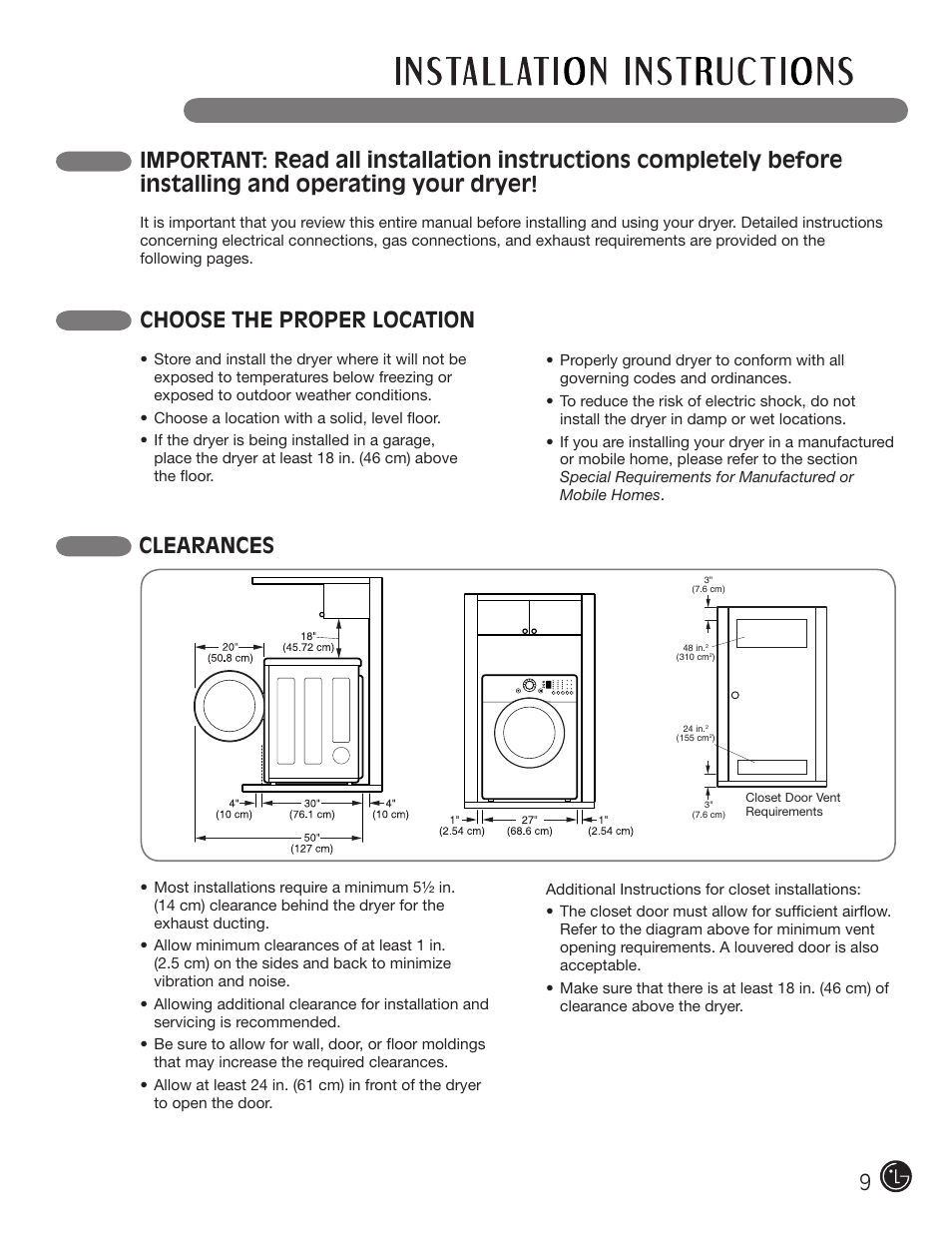 Choose the proper location, Clearances | LG DLE2101W User Manual | Page 9 / 112