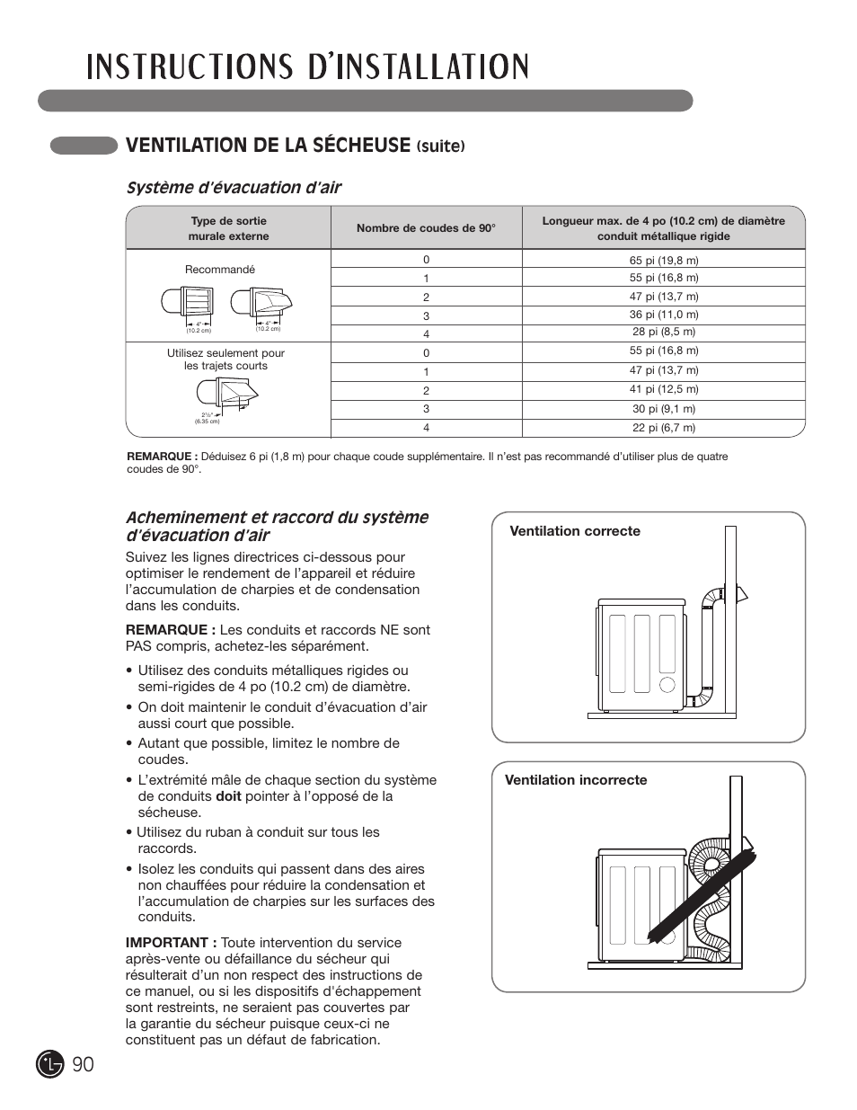 Ventilation de la sécheuse, Suite), Système d’évacuation d’air | LG DLE2101W User Manual | Page 90 / 112