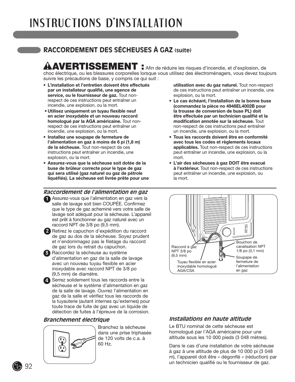 Wavertissement, 92 raccordement des sécheuses à gaz | LG DLE2101W User Manual | Page 92 / 112