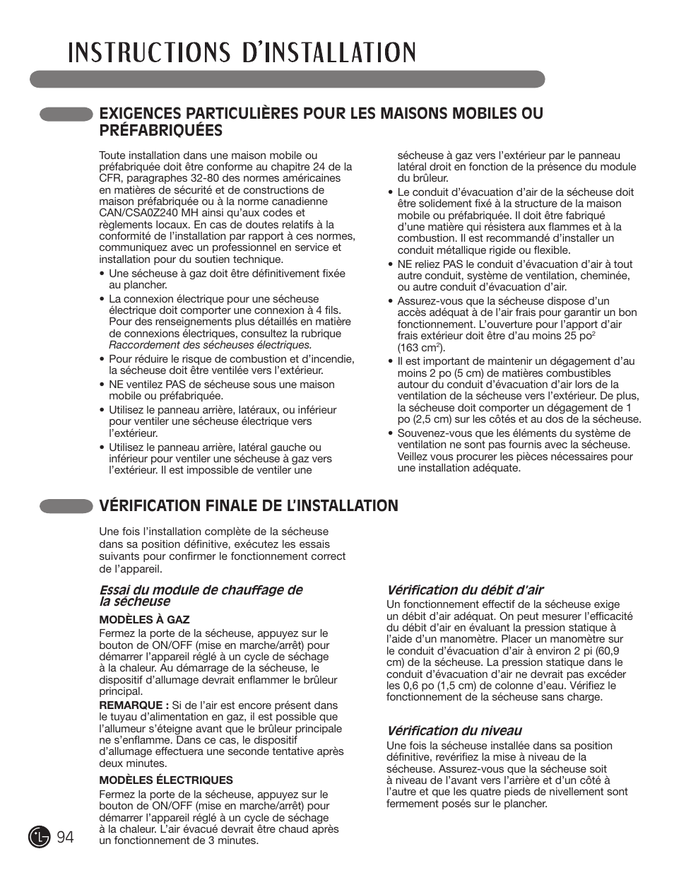 Vérification finale de l’installation | LG DLE2101W User Manual | Page 94 / 112