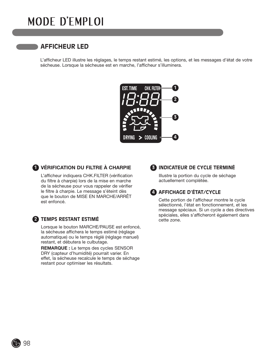 Afficheur led | LG DLE2101W User Manual | Page 98 / 112