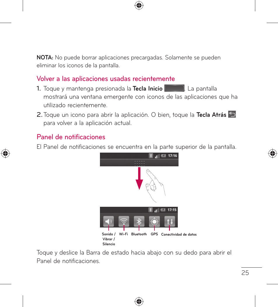 Volver a las aplicaciones usadas recientemente, Panel de notificaciones | LG LGL35G User Manual | Page 115 / 186