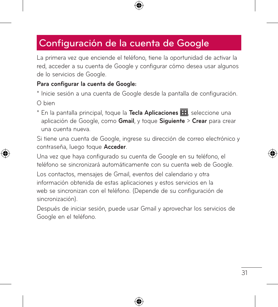 Conﬁ guración de la cuenta de google | LG LGL35G User Manual | Page 121 / 186