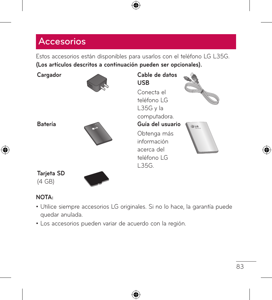 Accesorios | LG LGL35G User Manual | Page 173 / 186