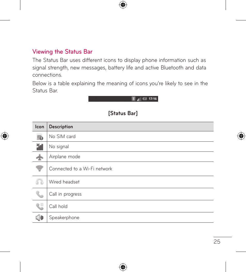 Viewing the status bar | LG LGL35G User Manual | Page 27 / 186