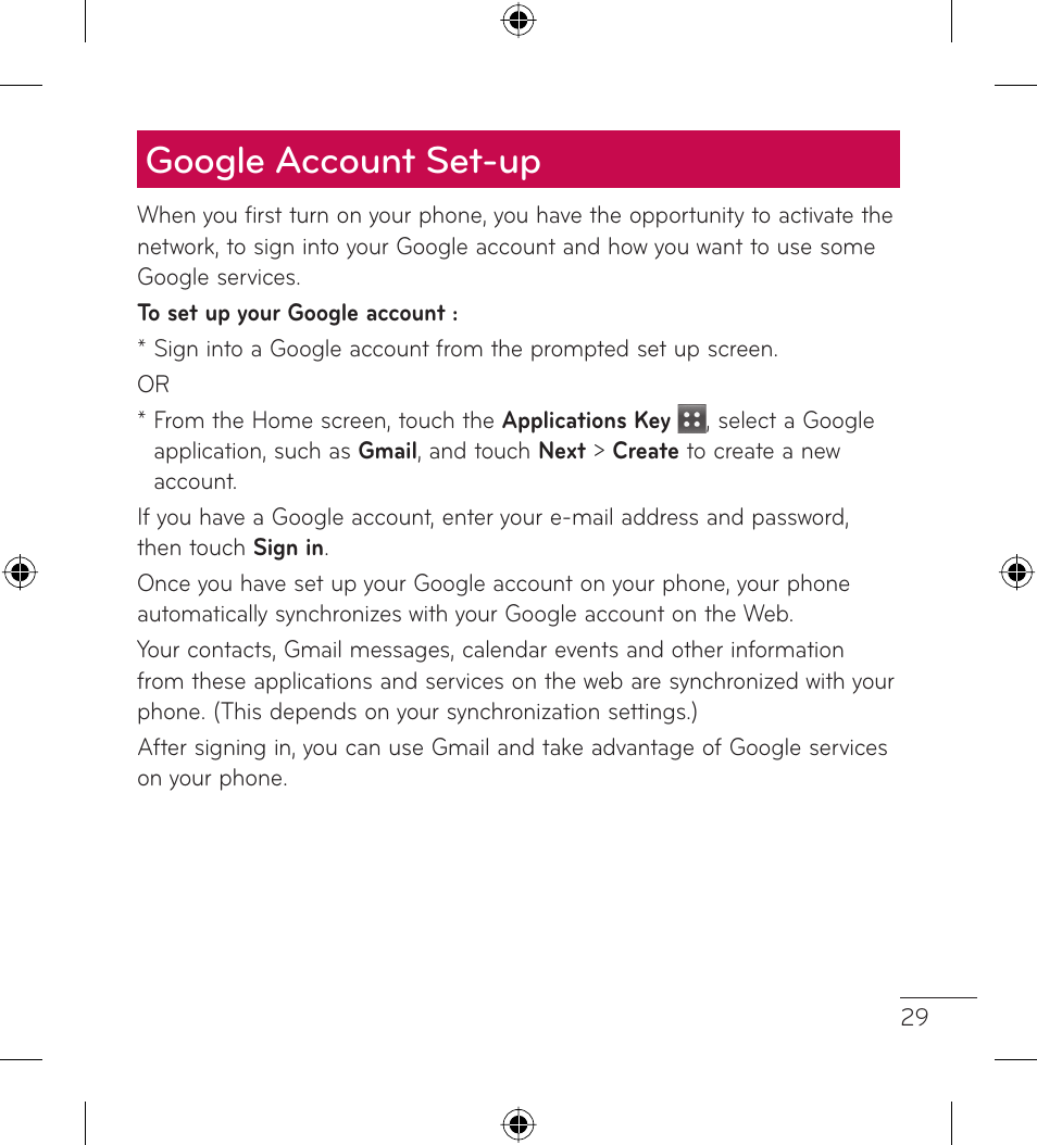 Google account set-up | LG LGL35G User Manual | Page 31 / 186