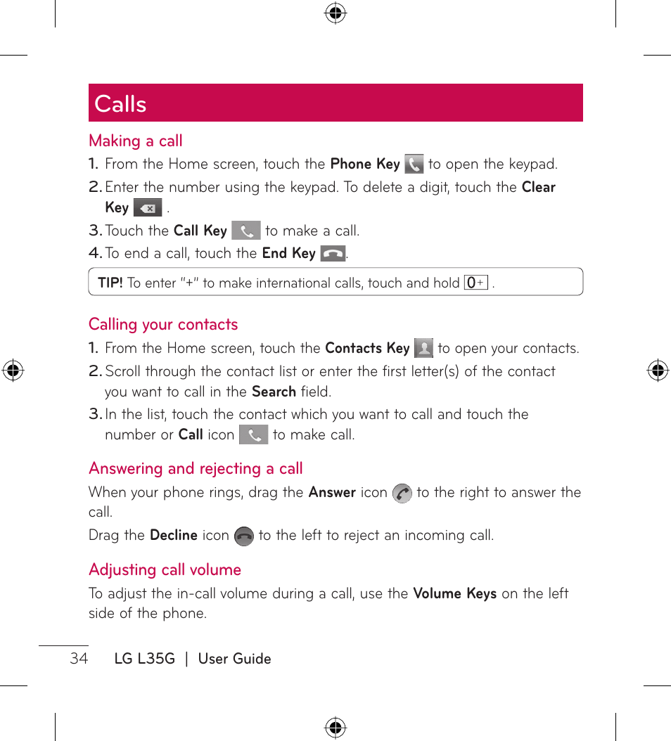 Calls | LG LGL35G User Manual | Page 36 / 186