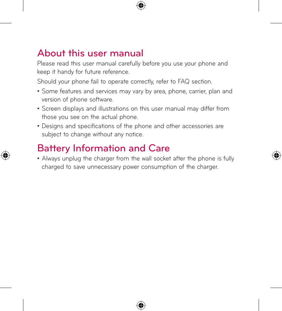 About this user manual, Battery information and care | LG LGL35G User Manual | Page 4 / 186