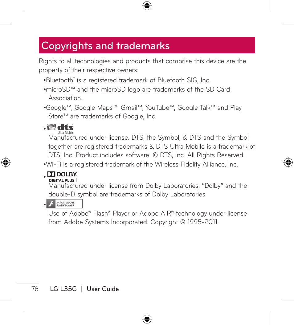 Copyrights and trademarks | LG LGL35G User Manual | Page 78 / 186