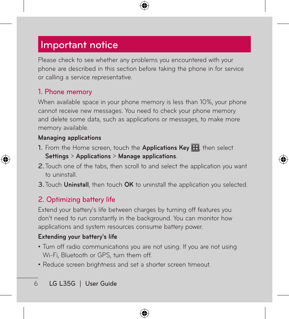 Important notice | LG LGL35G User Manual | Page 8 / 186