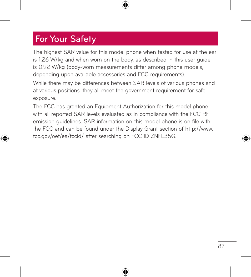 For your safety | LG LGL35G User Manual | Page 89 / 186