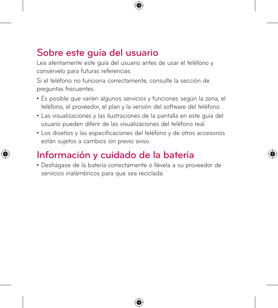 Sobre este guía del usuario, Información y cuidado de la batería | LG LGL35G User Manual | Page 92 / 186