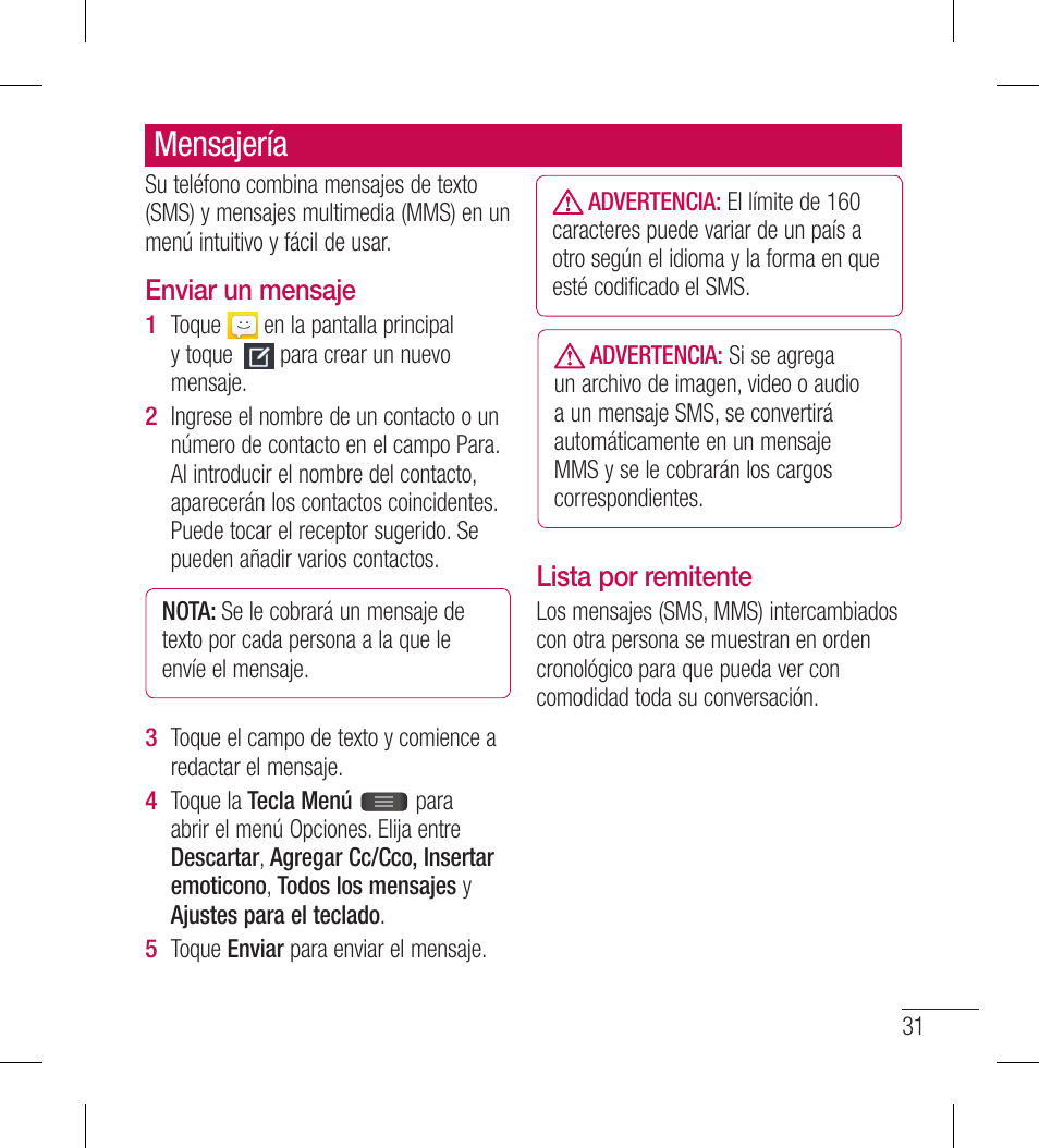 Mensajería | LG LGL40G User Manual | Page 103 / 146