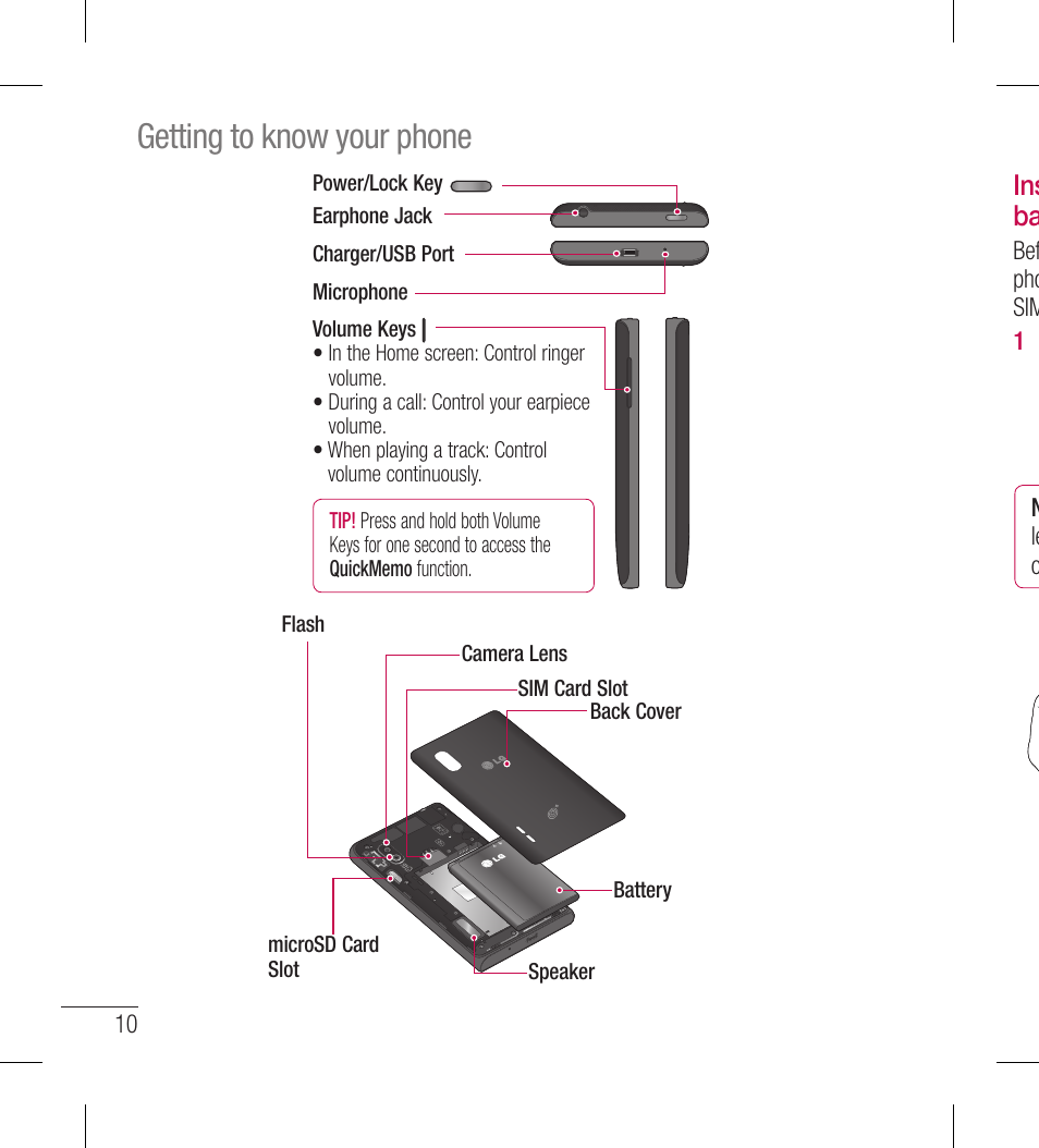 Getting to know your phone, Ins ba | LG LGL40G User Manual | Page 12 / 146