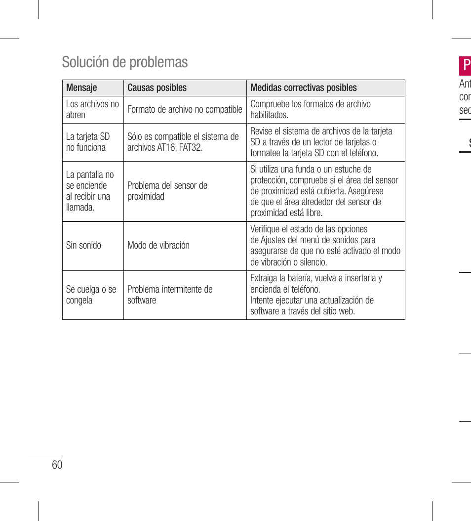 Psolución de problemas | LG LGL40G User Manual | Page 132 / 146