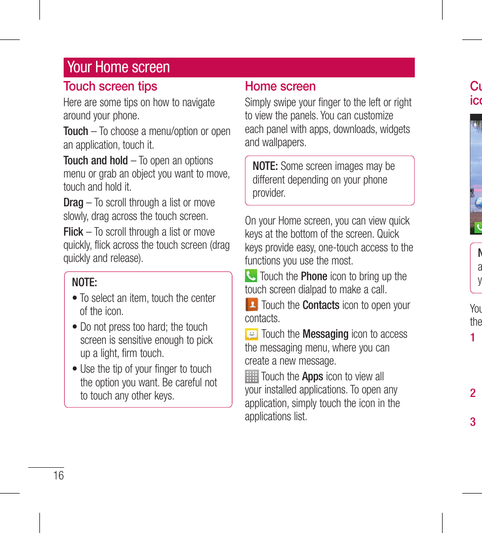 Your home screen | LG LGL40G User Manual | Page 18 / 146