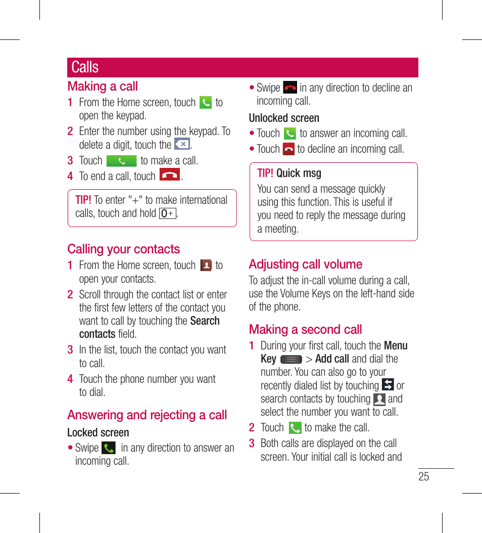 Calls | LG LGL40G User Manual | Page 27 / 146