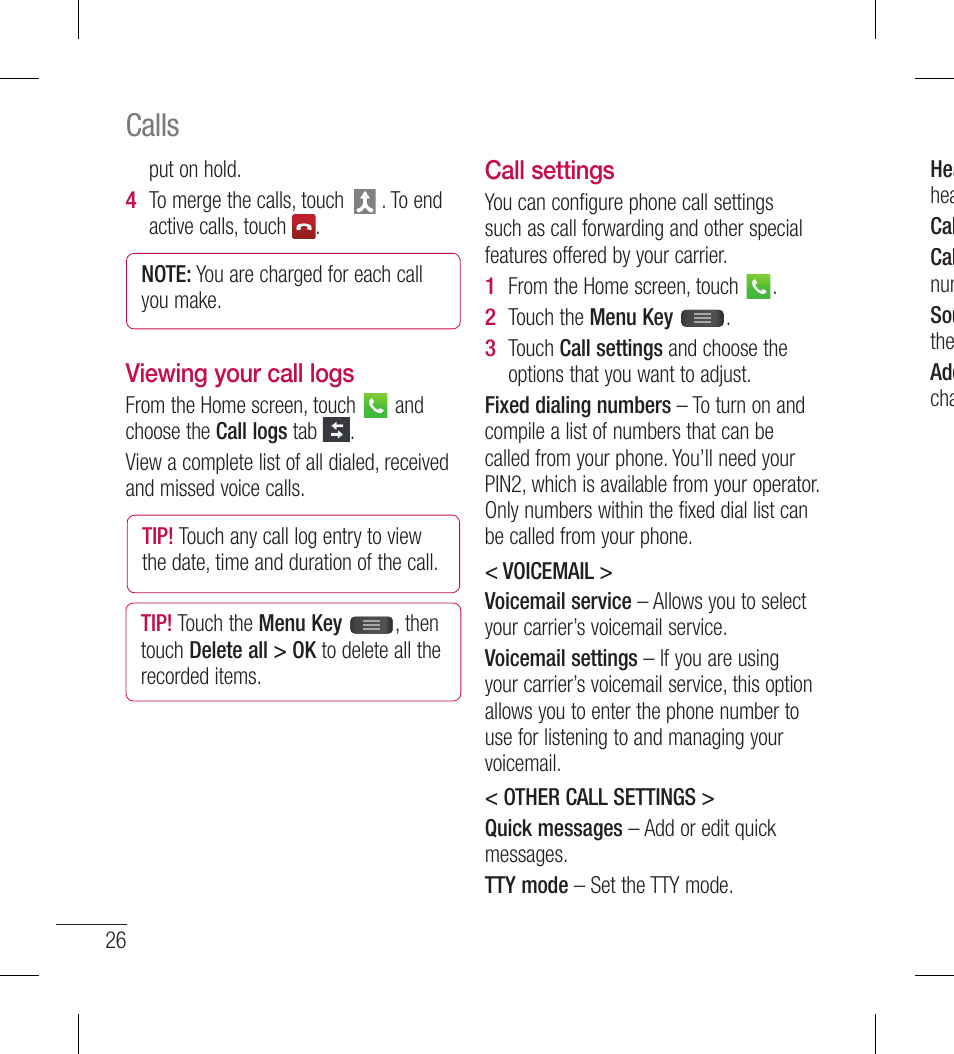 Calls | LG LGL40G User Manual | Page 28 / 146