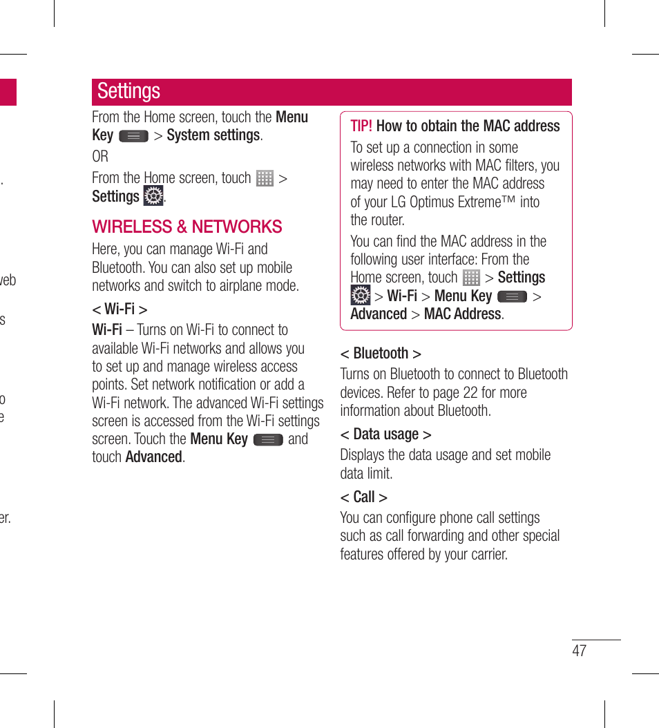 Settings | LG LGL40G User Manual | Page 49 / 146