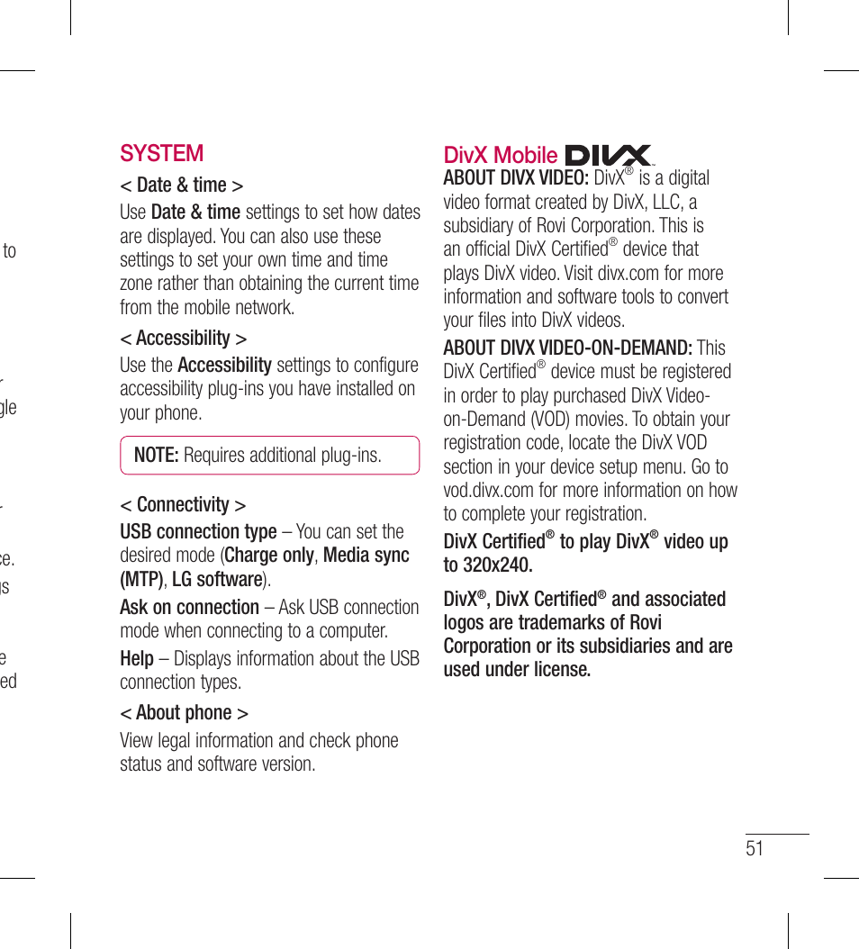 System, Divx mobile | LG LGL40G User Manual | Page 53 / 146