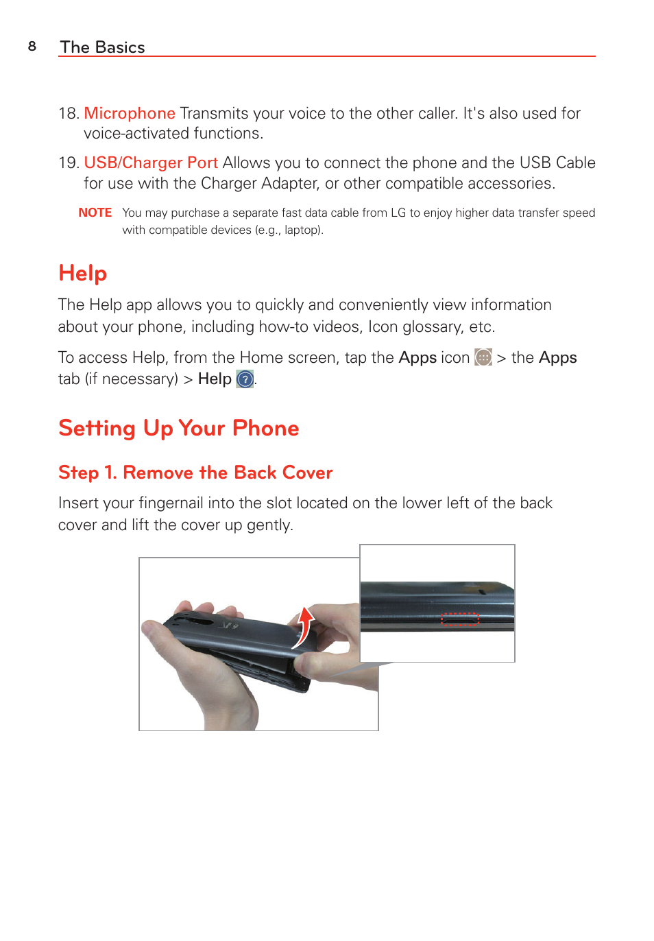 Help, Setting up your phone, Help setting up your phone | Step 1. remove the back cover | LG LGVS985 User Manual | Page 10 / 245