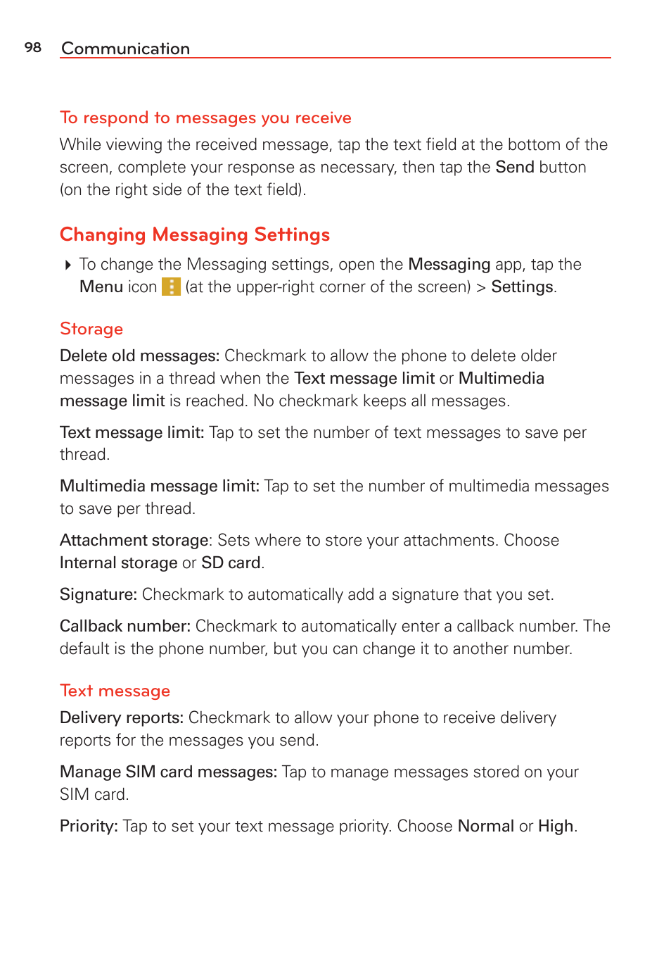 Changing messaging settings | LG LGVS985 User Manual | Page 100 / 245