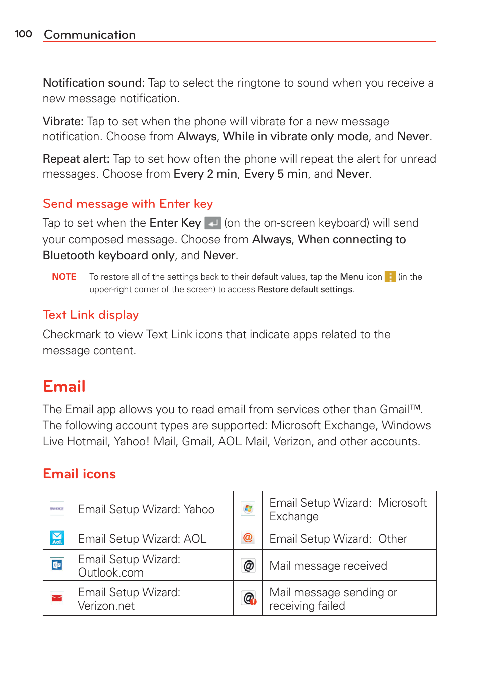 Email, Email icons | LG LGVS985 User Manual | Page 102 / 245