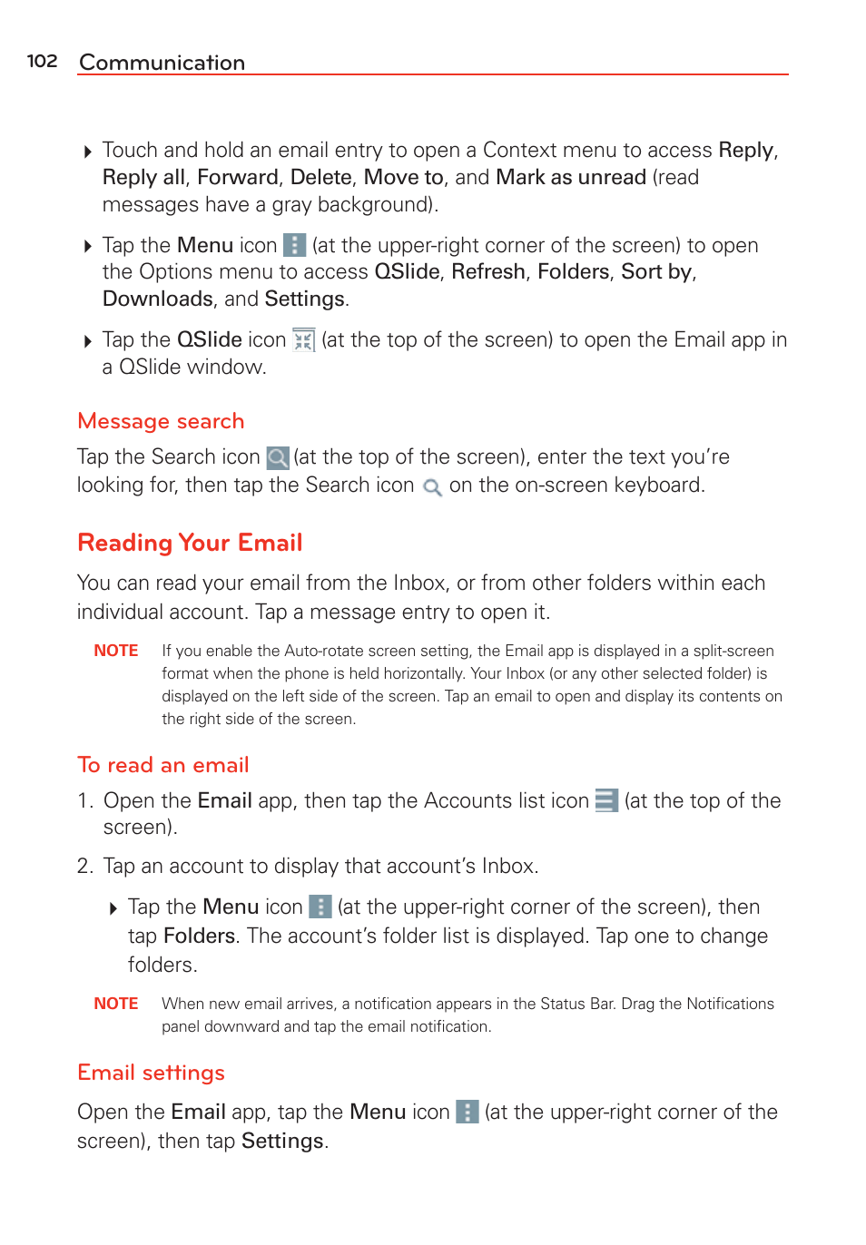 Reading your email, Communication, Message search | Email settings | LG LGVS985 User Manual | Page 104 / 245