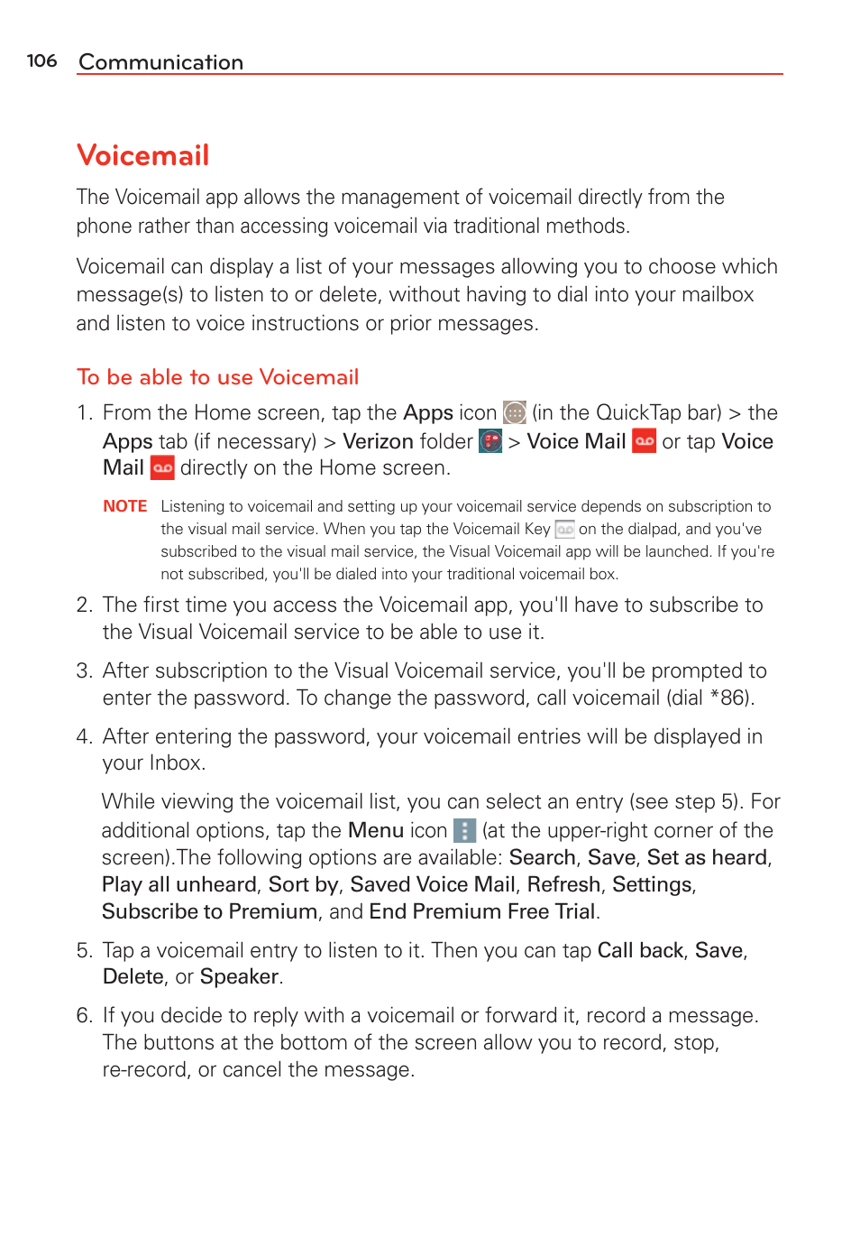 Voicemail, Communication | LG LGVS985 User Manual | Page 108 / 245