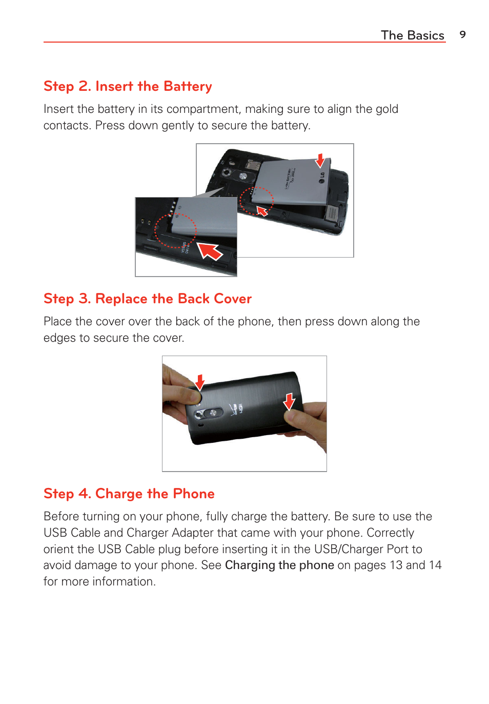 Step 2. insert the battery, Step 3. replace the back cover, Step 4. charge the phone | LG LGVS985 User Manual | Page 11 / 245