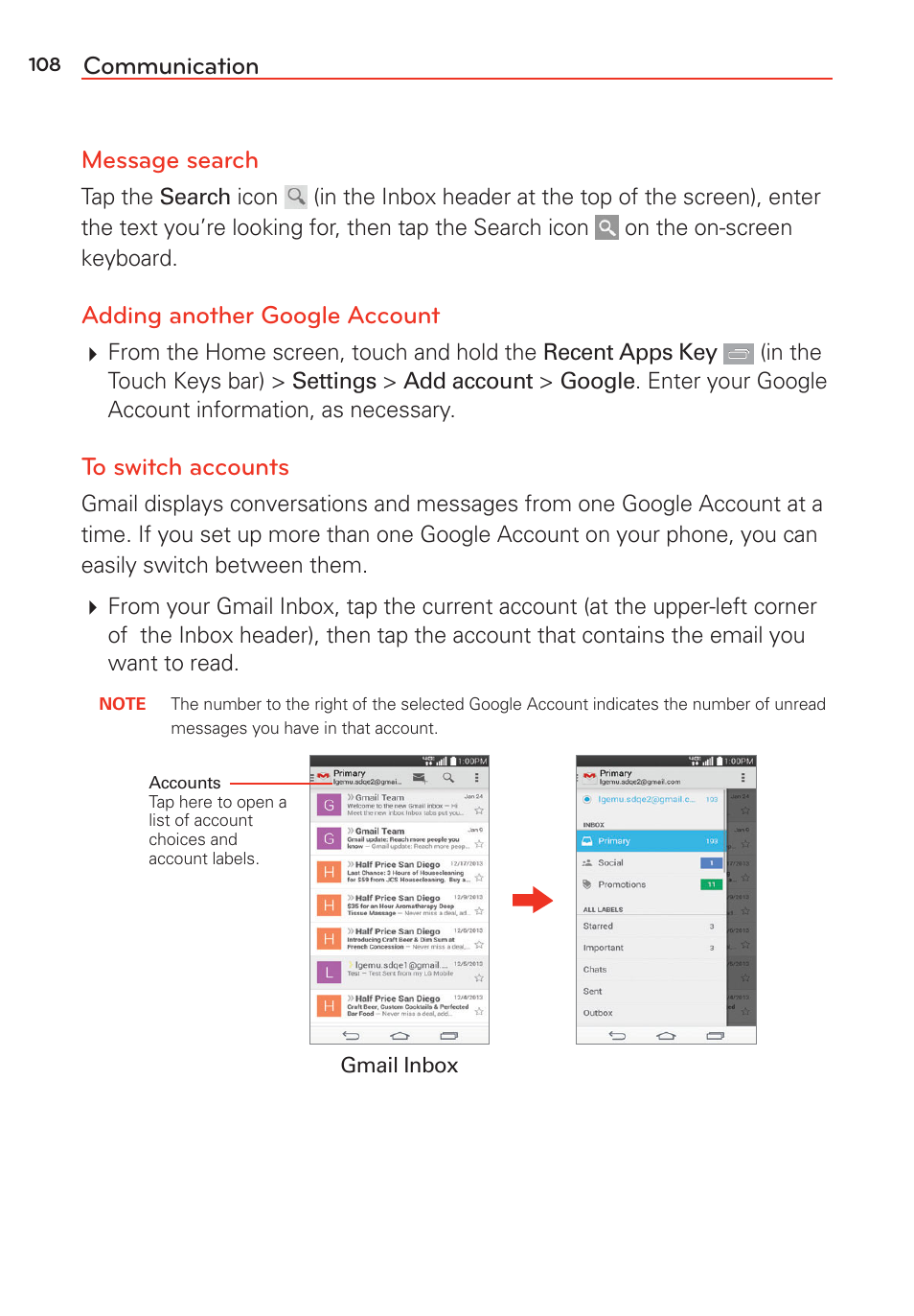 Communication message search, Adding another google account | LG LGVS985 User Manual | Page 110 / 245