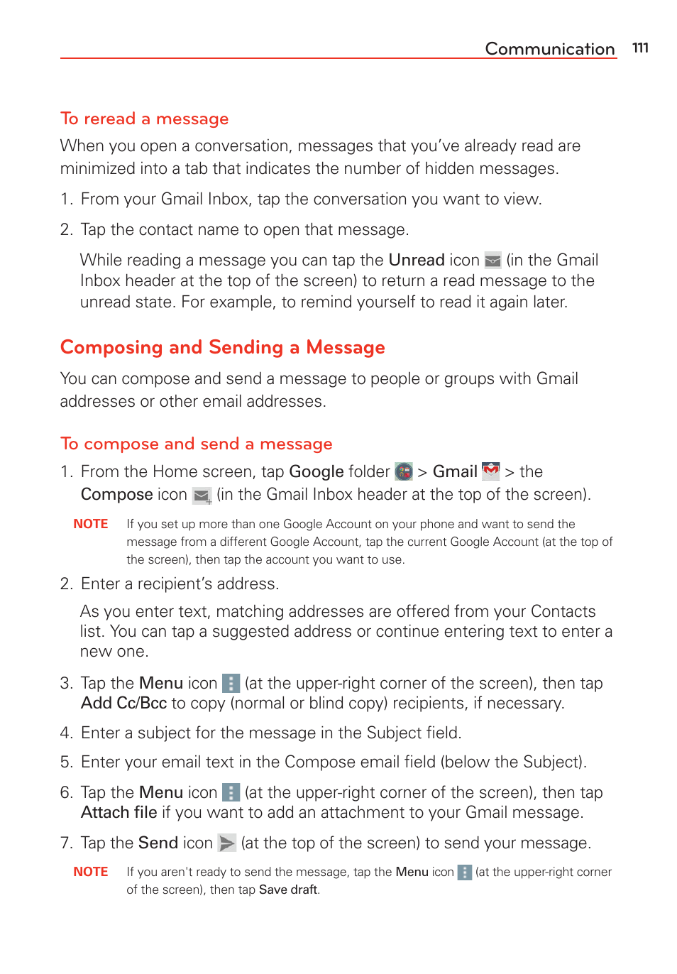 Composing and sending a message, Communication to reread a message | LG LGVS985 User Manual | Page 113 / 245