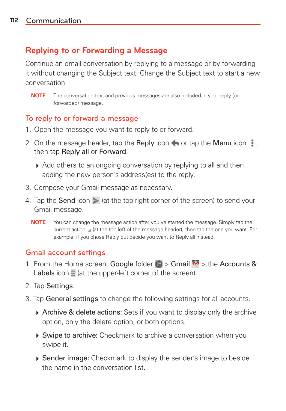 Replying to or forwarding a message, Communication, Gmail account settings | LG LGVS985 User Manual | Page 114 / 245