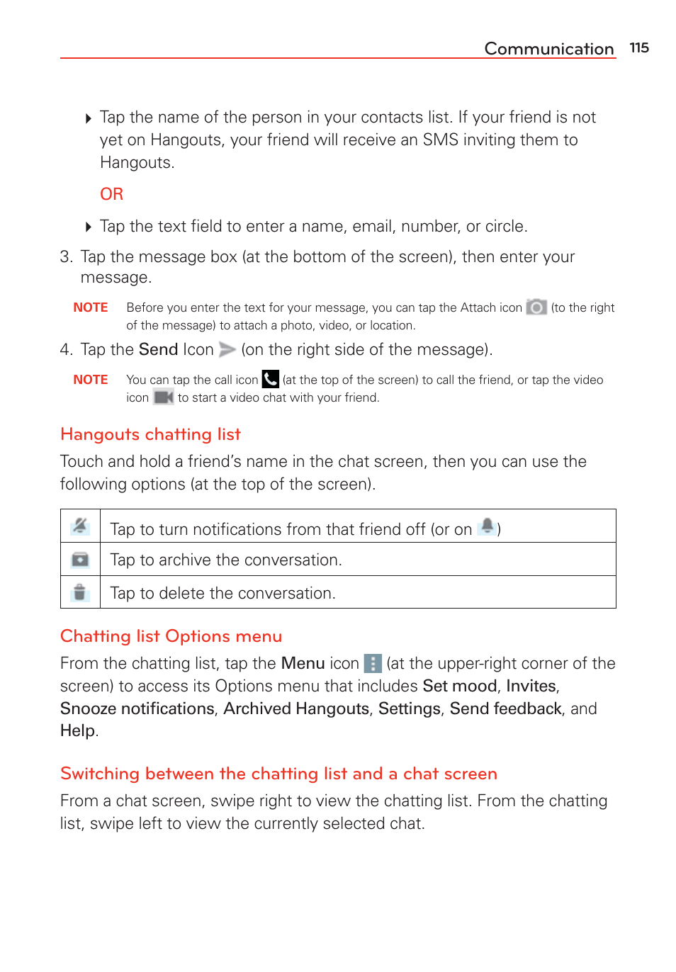 Communication, Hangouts chatting list, Chatting list options menu | LG LGVS985 User Manual | Page 117 / 245