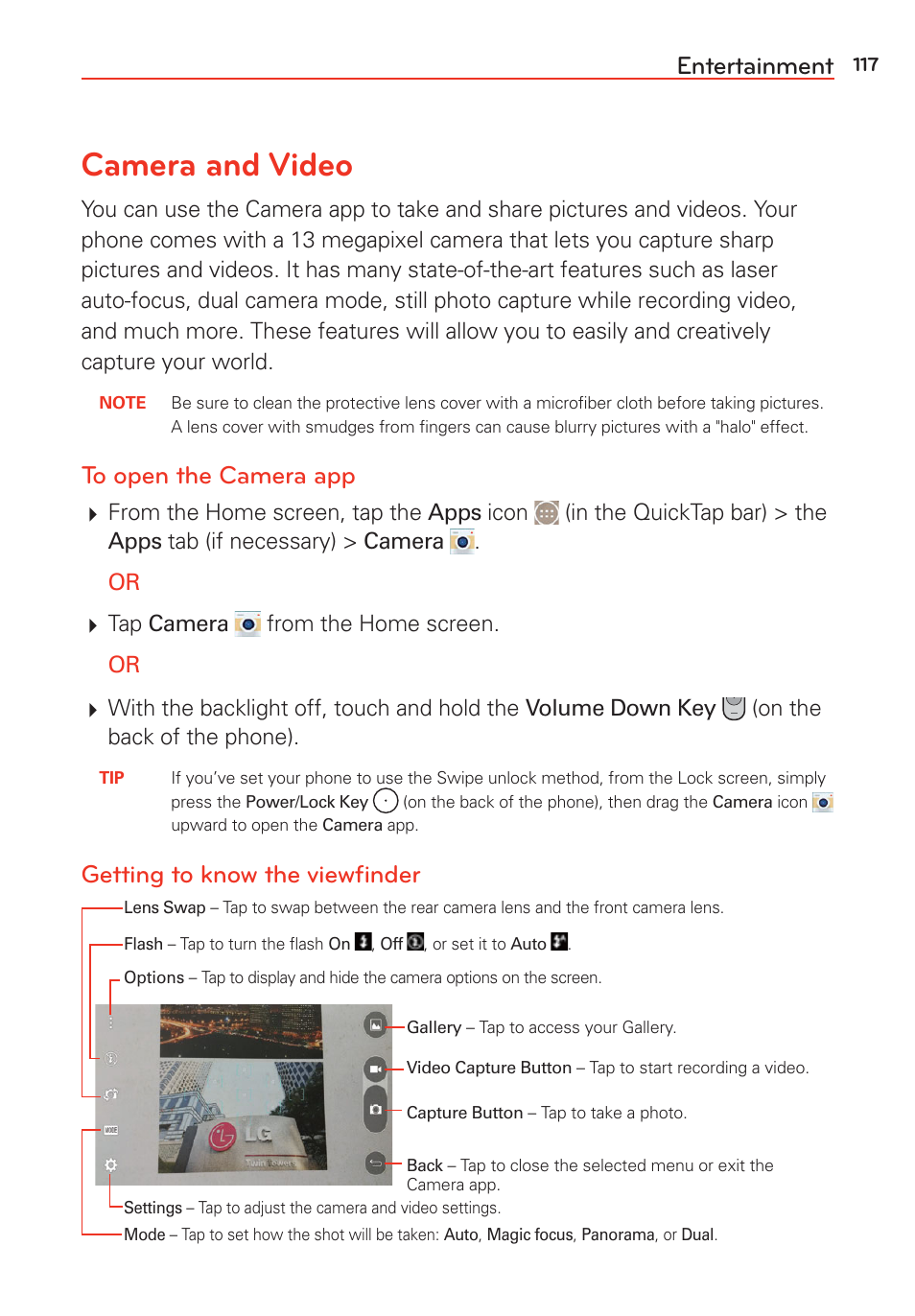 Entertainment, Camera and video, Getting to know the viewﬁnder | LG LGVS985 User Manual | Page 119 / 245